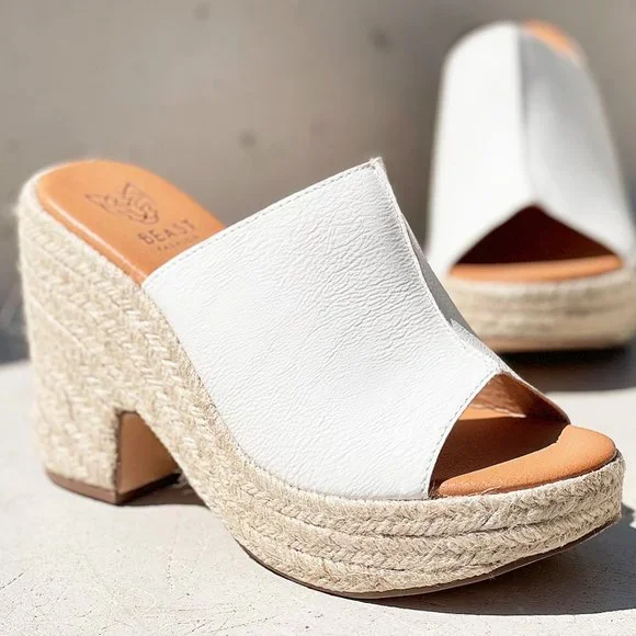 NEW White Faux Leather Espadrille Chunky Platform Wedge Slip On Slides Sandals - Picture 15 of 15